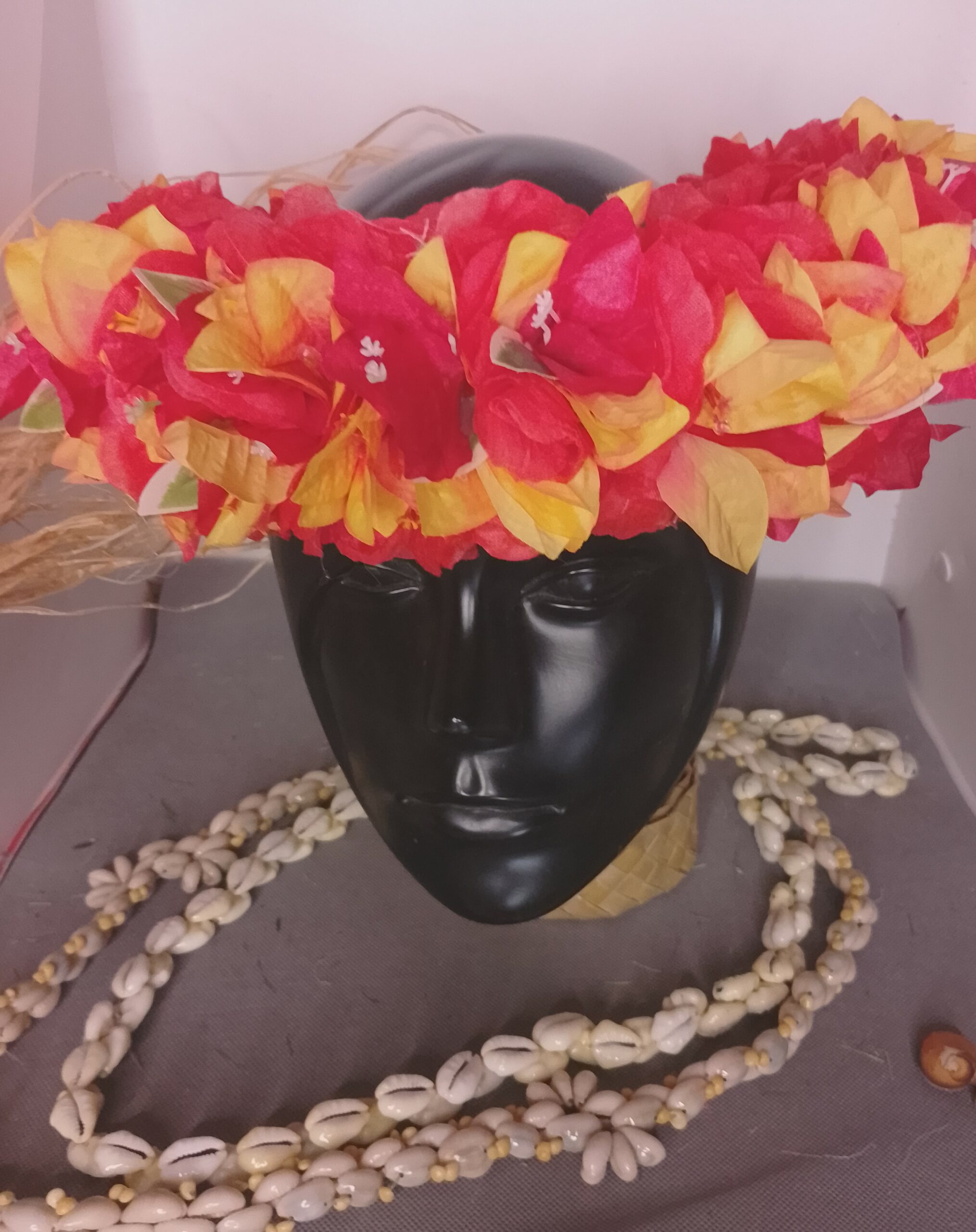 Fine couronne toute fleur Tahiti rouge bougainvillier rouge et orange Vaite.e.Tiare créations