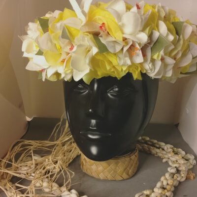 Couronne toutes fleurs Tahiti jaune bougainvillier et tipanie blanc