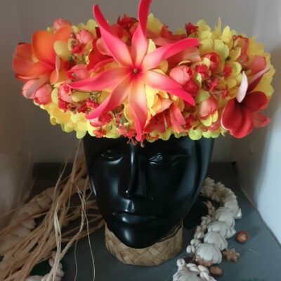 Couronne de fleurs Tahiti jaune deux tipanie et maxi tiare orangé
