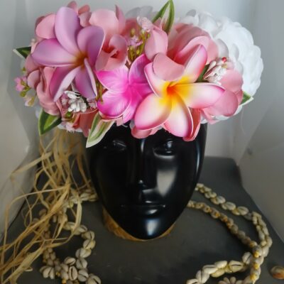 Couronne fleur Tahiti blanche tipanie pêches et trois tipanie roses