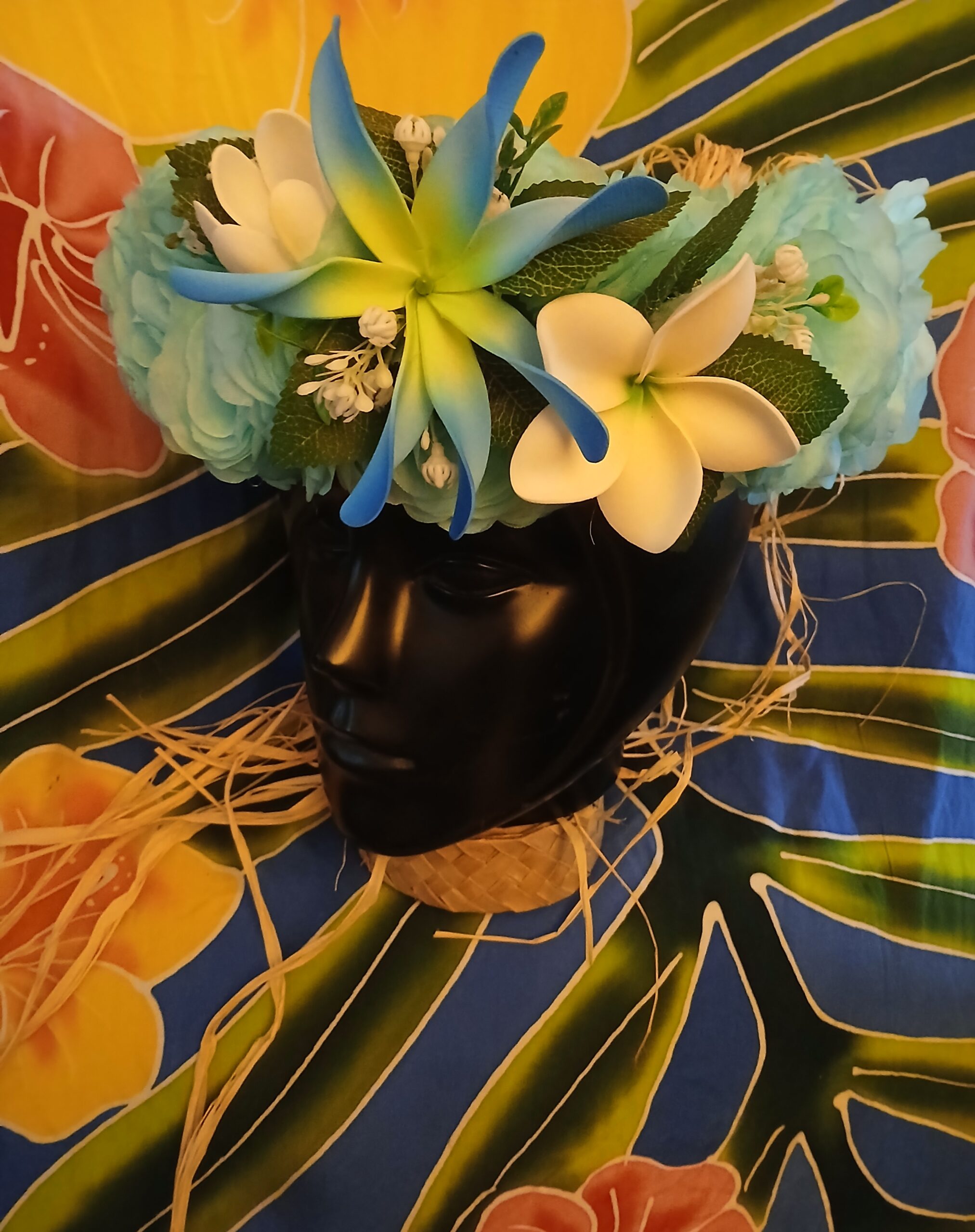 Couronne fleurs Tahiti bleu lagon maxi tiare tipanie tiare en bouton Vaite.e.Tiare créations
