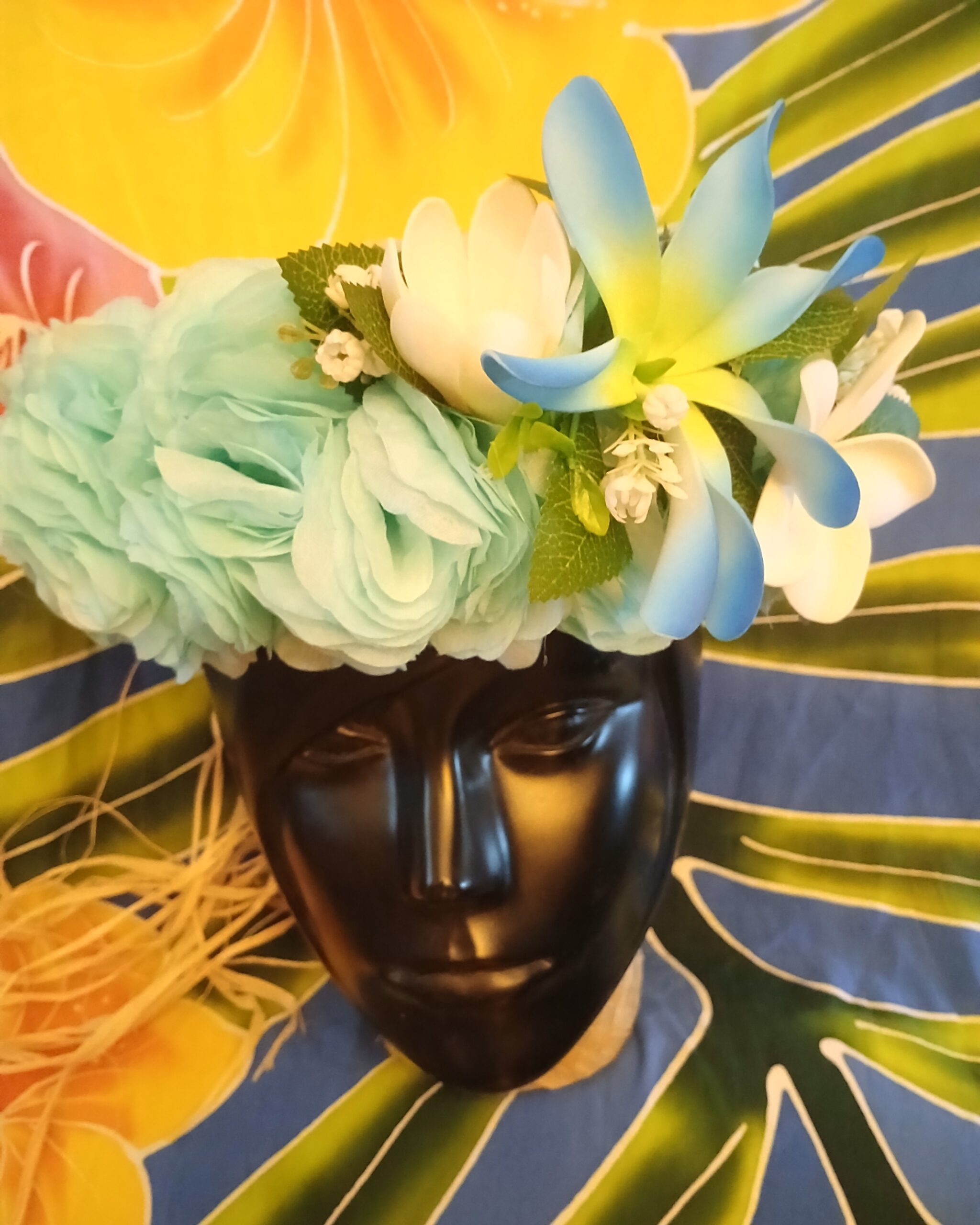Couronne fleurs Tahiti bleu lagon maxi tiare tipanie tiare en bouton Vaite.e.Tiare créations