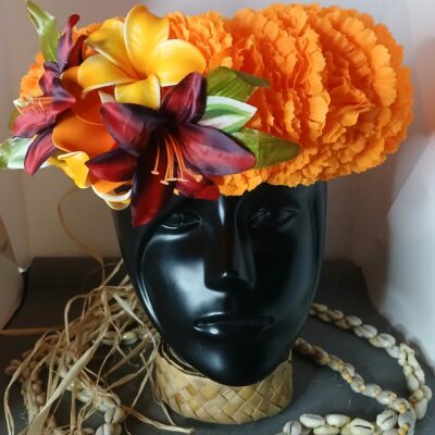 Couronne fleur Tahiti orange tipanie varié lys bordeaux et prune