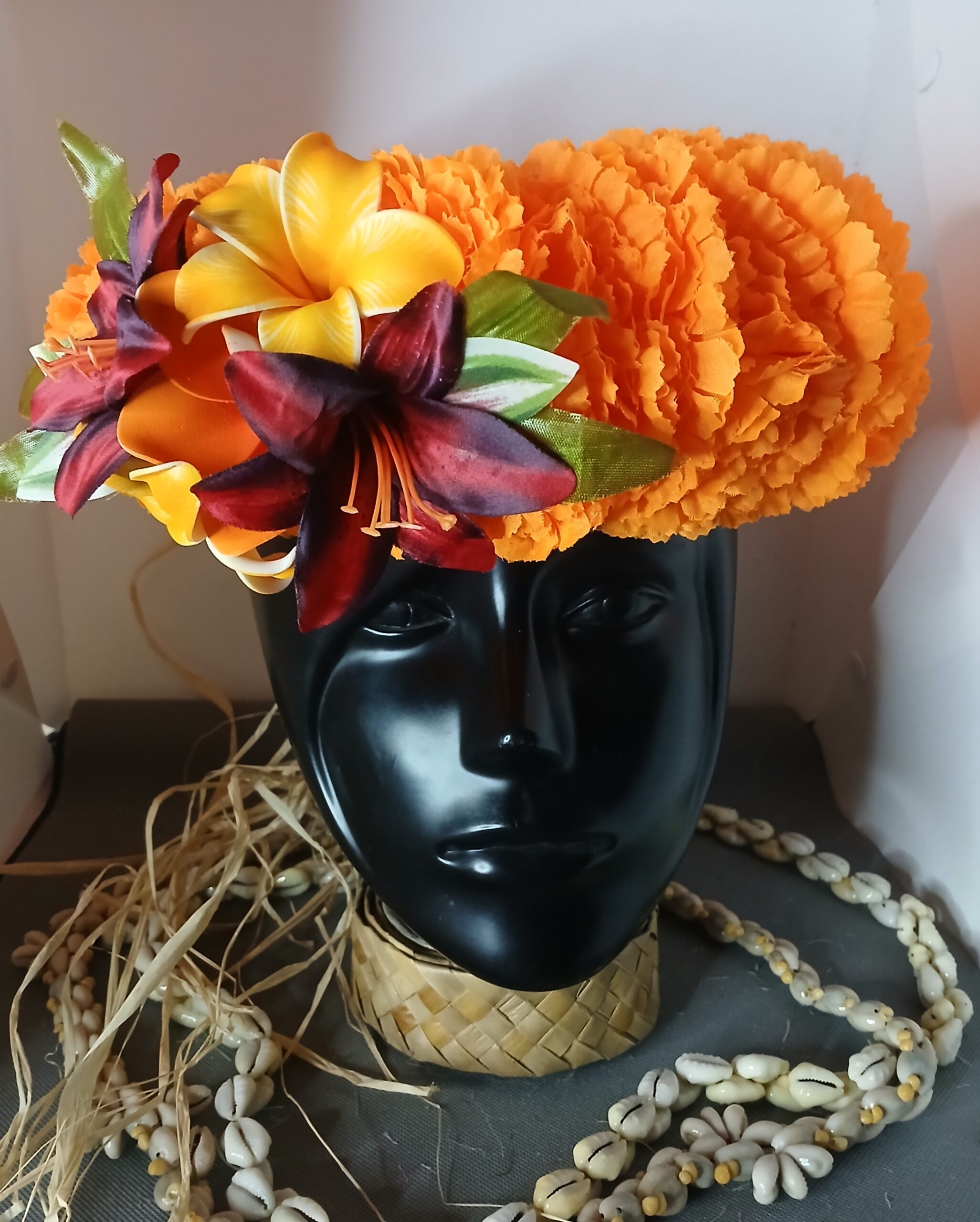 Couronne fleur Tahiti orange tipanie varié lys bordeaux et prune Vaite.e.Tiare créations