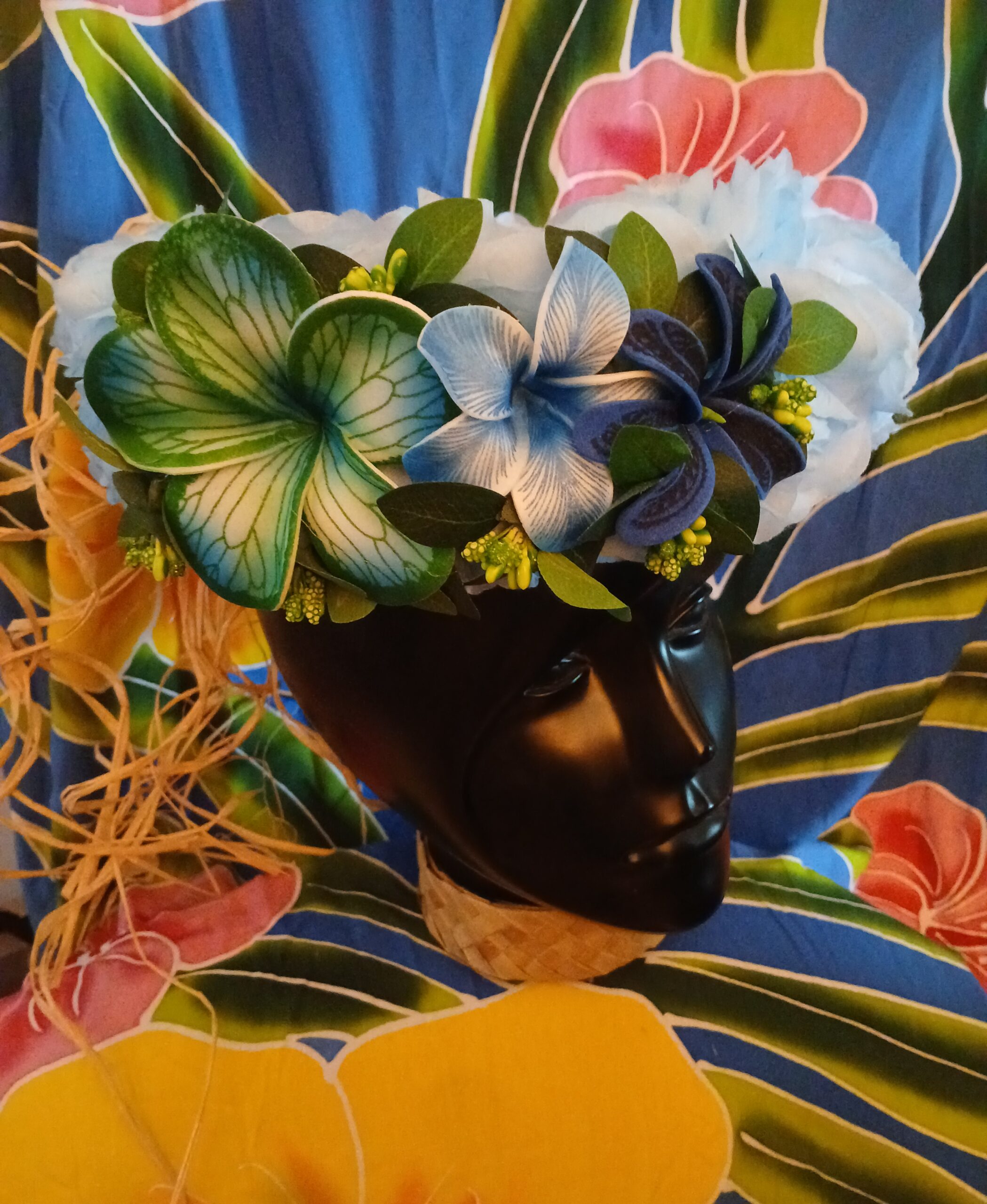 Couronne fleurs Tahiti bleue maxi tipanie tiare tatouée tipanie rainuré Vaite.eTiare créations