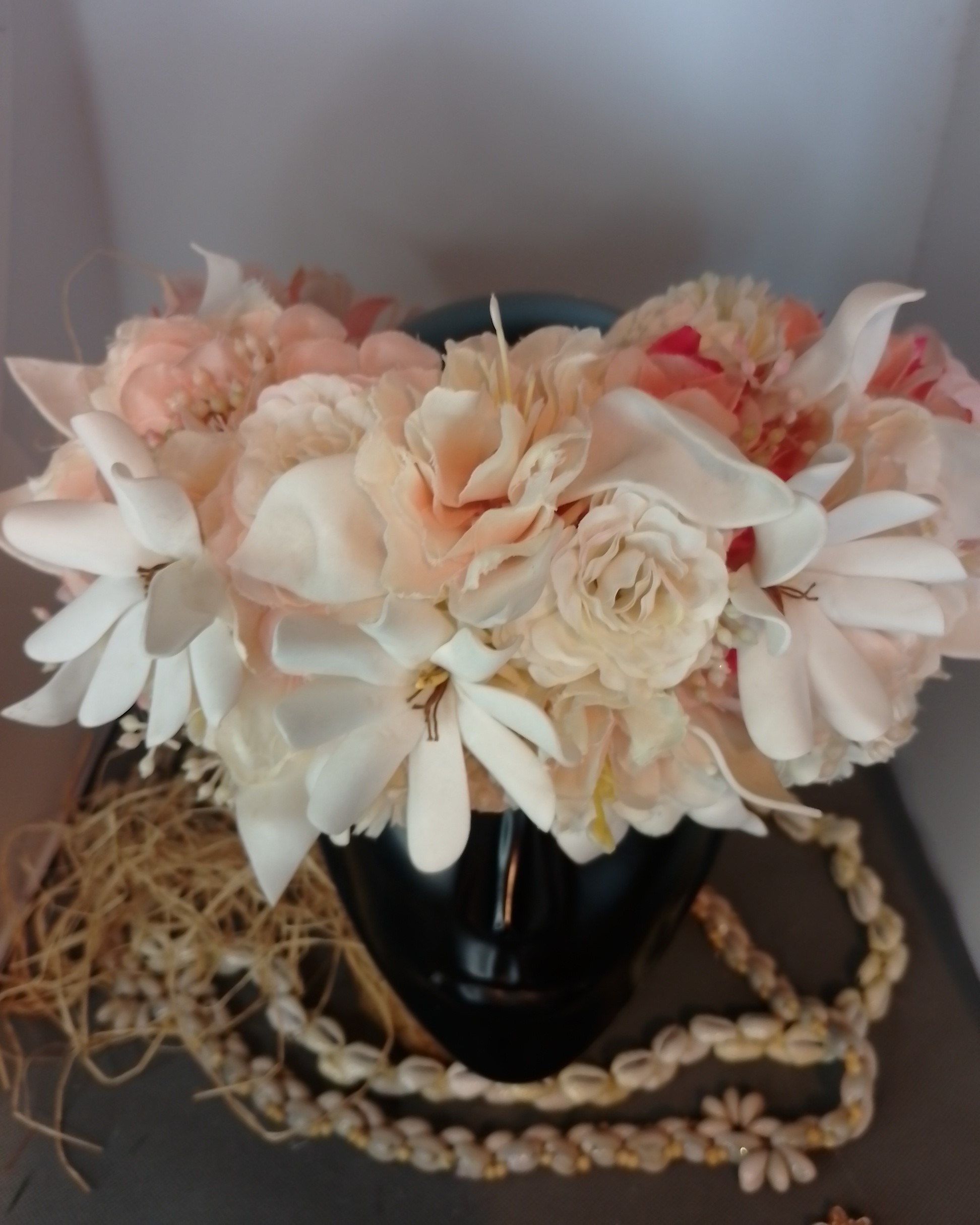 Couronne tiare Tahiti champagne rosé pétales tiare apetahi trois tiare Vaite.e.Tiare créations