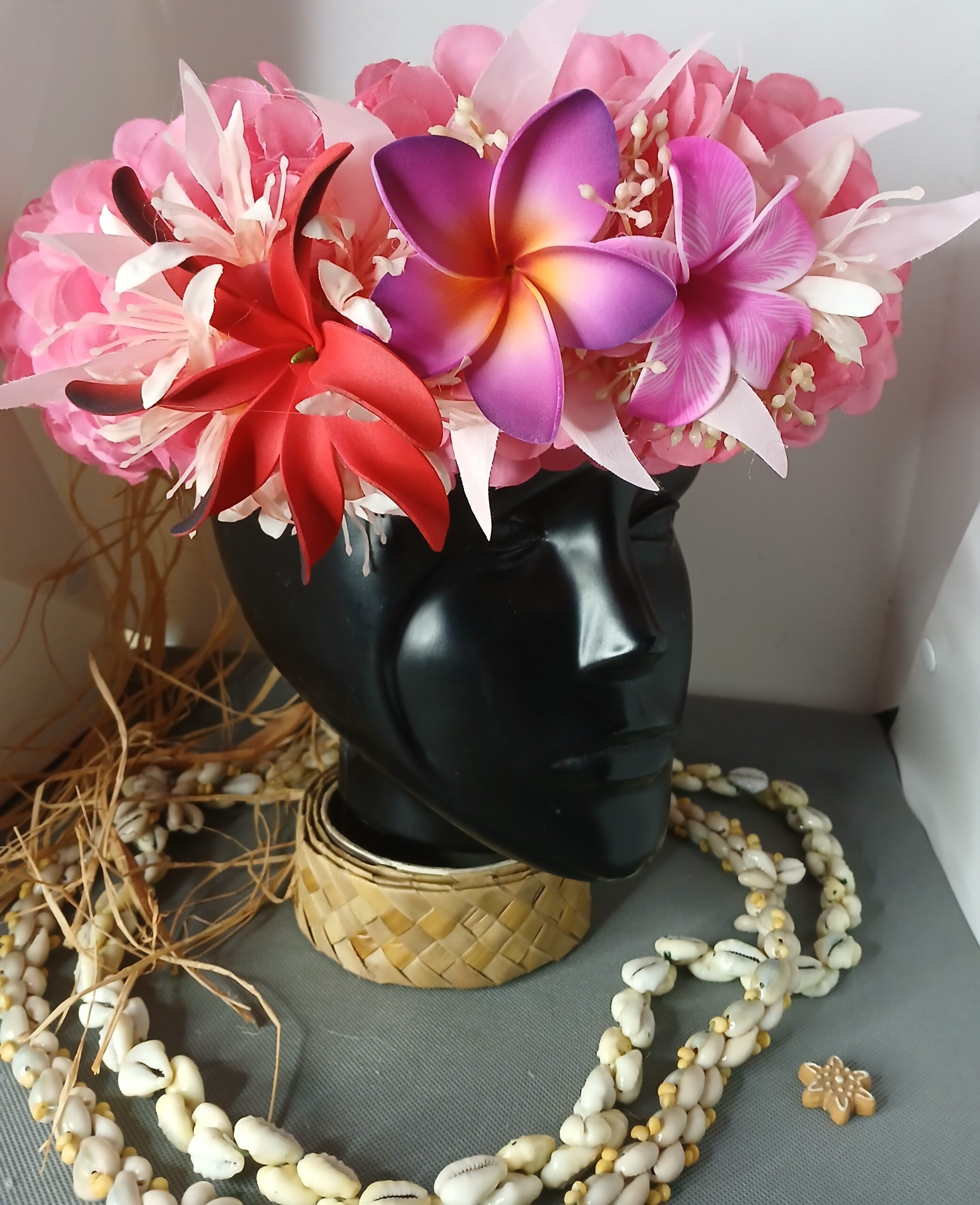 Couronne fleurs Tahiti corail maxi tiare deux tipanie différents Vaite.e.Tiare créations