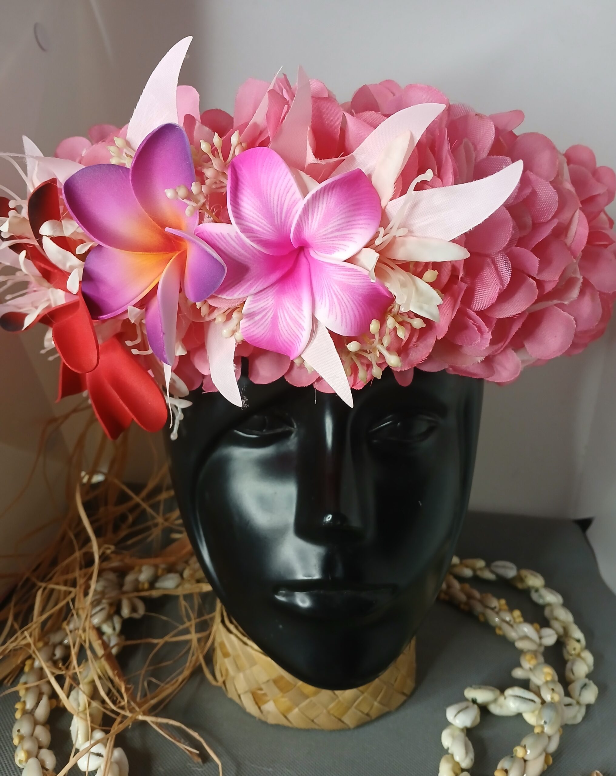 Couronne fleurs Tahiti corail maxi tiare deux tipanie différents Vaite.e.Tiare créations