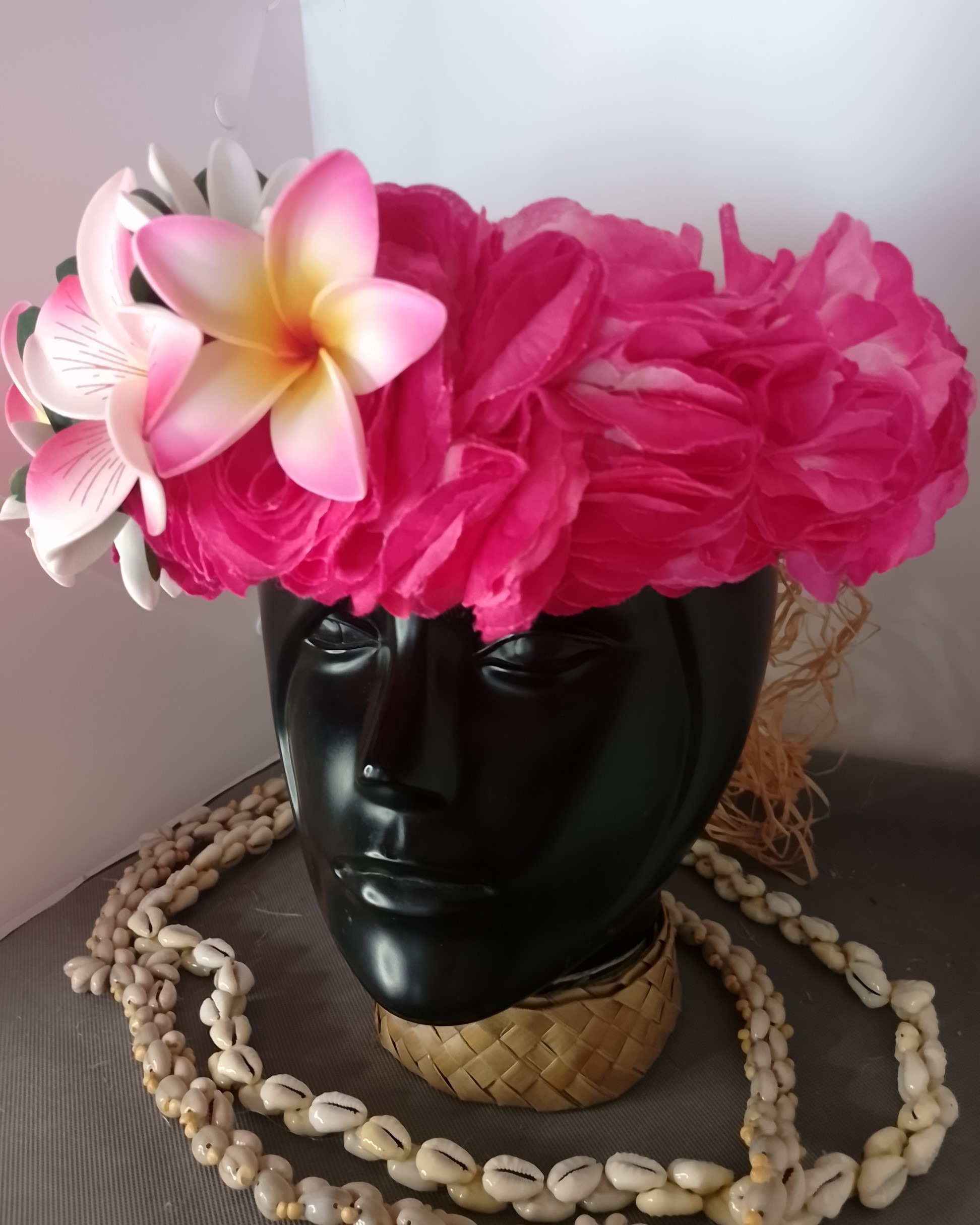 Couronne fleurs Tahiti fuchsia grand tipanie deux tiare deux tipanie Vaite.e.Tiare créations