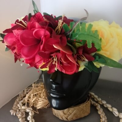 Couronne fleurs Tahiti jaune lys rouge trois tipanie toucher réaliste rouges