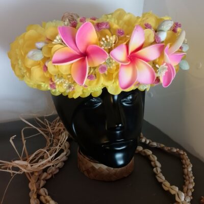 Couronne fleurs Tahiti jaune trois tipanie roses