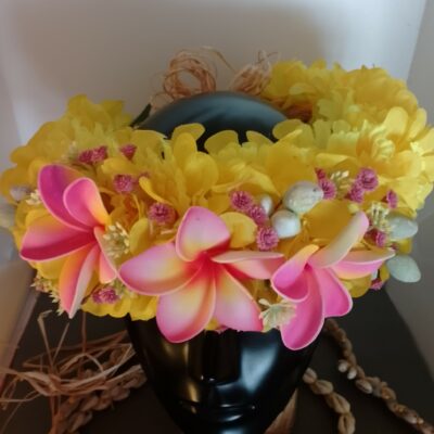 Couronne fleurs Tahiti jaune trois tipanie roses