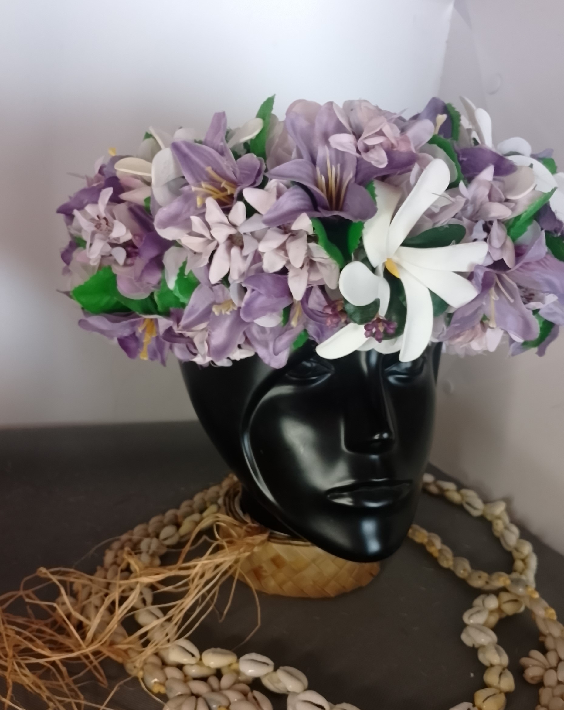 Couronne fleurs Tahiti mauve lys violet trois tiare Vaite.e.Tiare créations
