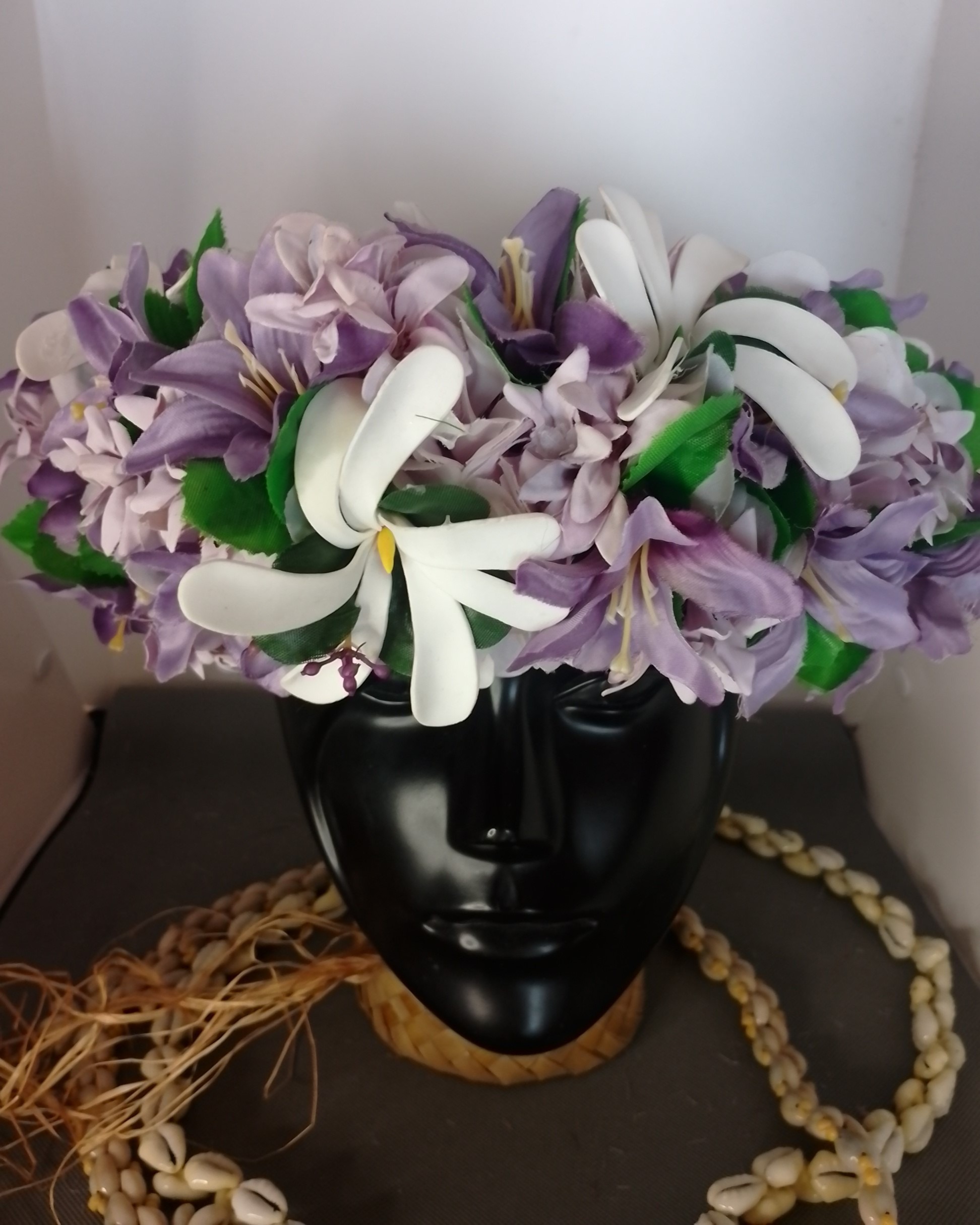 Couronne fleurs Tahiti mauve lys violet trois tiare Vaite.e.Tiare créations