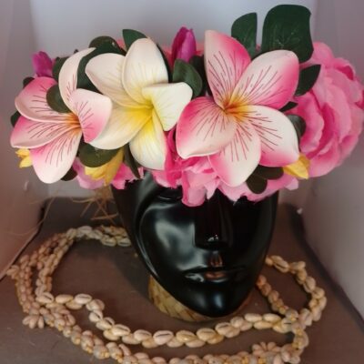 Couronne fleurs Tahiti rose et fuchsia  trois maxi tipanie rainurés