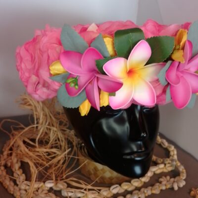 Couronne fleurs Tahiti vanille bords fuchsia trois tipanie