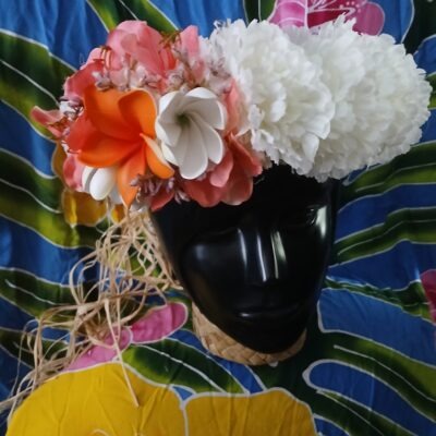 Couronne tiare Tahiti blanche tipanie orange deux boutons tiare