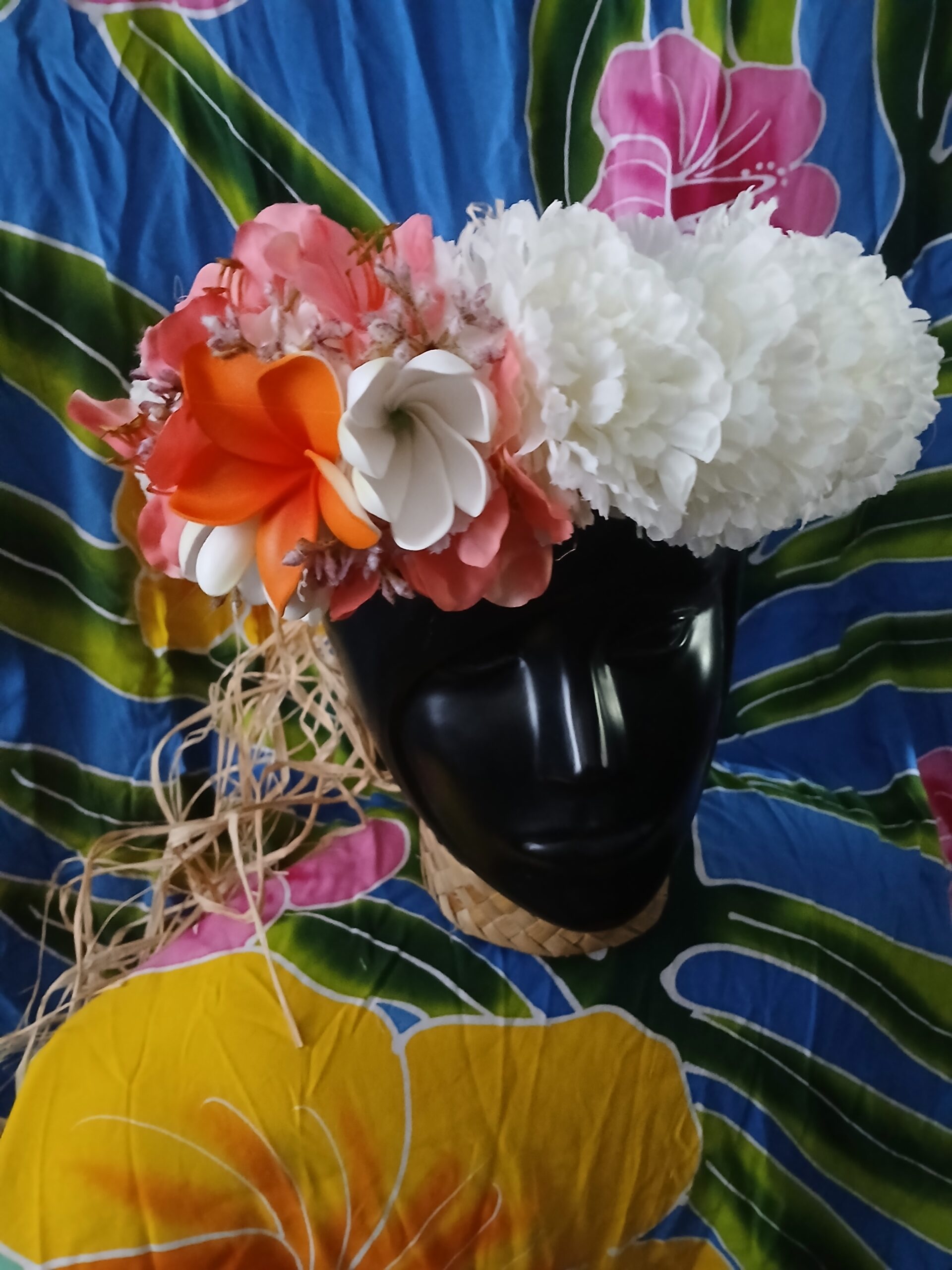 Couronne tiare Tahiti blanche tipanier orange deux boutons tiare Vaite.e.Tiare créations