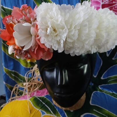 Couronne tiare Tahiti blanche tipanie orange deux boutons tiare