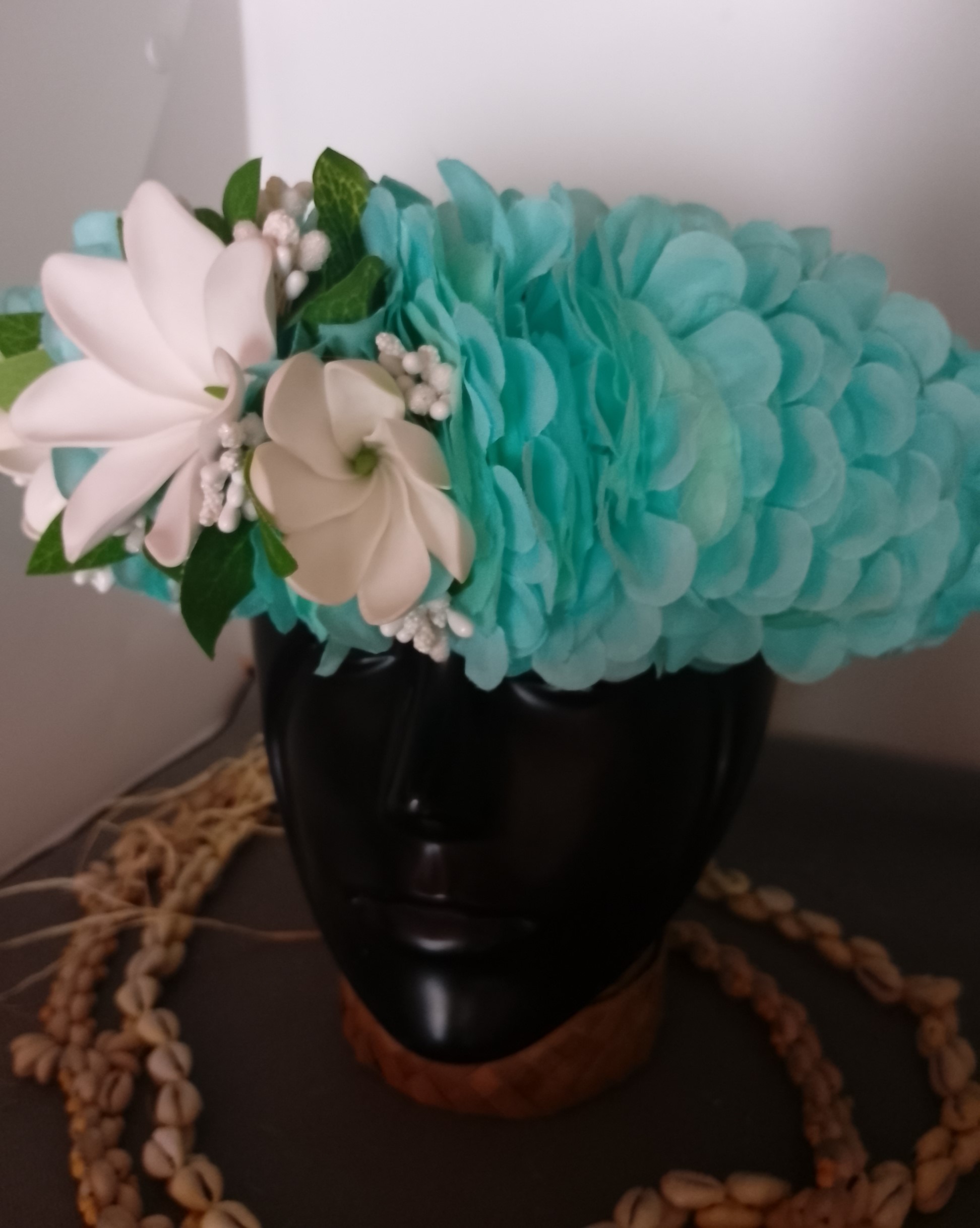 Couronne tiare Tahiti bleue lagon grande tiare deux boutons tiare Vaite.e.Tiare créations