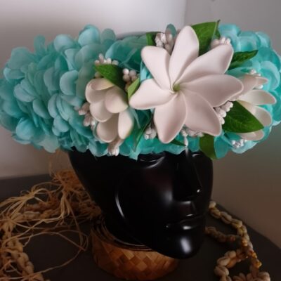 Couronne tiare Tahiti bleue lagon grande tiare deux boutons tiare
