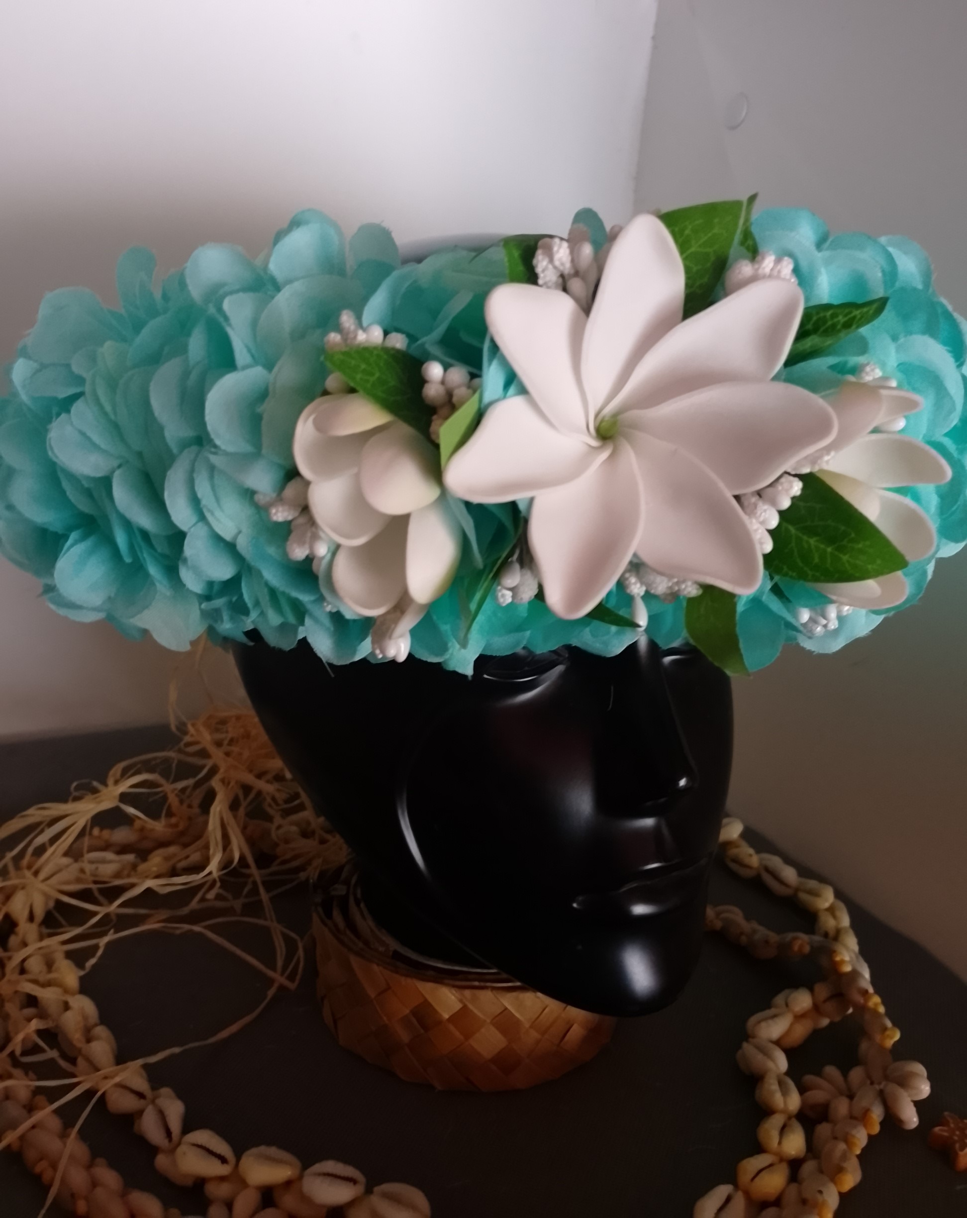 Couronne tiare Tahiti bleue lagon grande tiare deux boutons tiare Vaite.e.Tiare créations