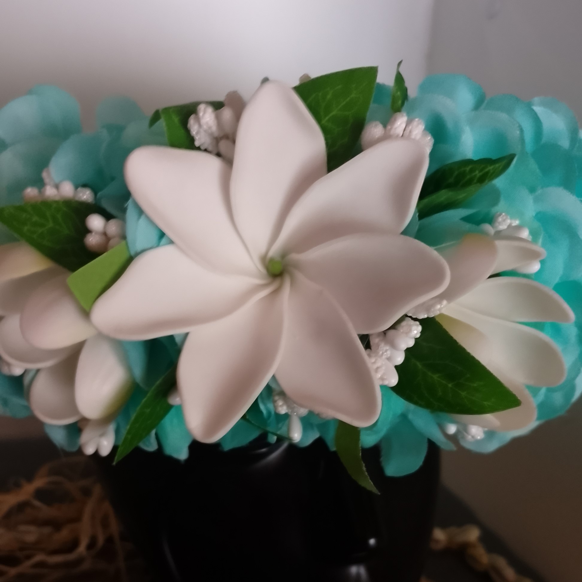 Couronne tiare Tahiti bleue lagon grande tiare deux boutons tiare Vaite.e.Tiare créations