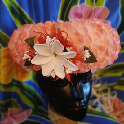 Couronne tiare Tahiti champagne rosé grande tiare corolle lys élancés fuchsias