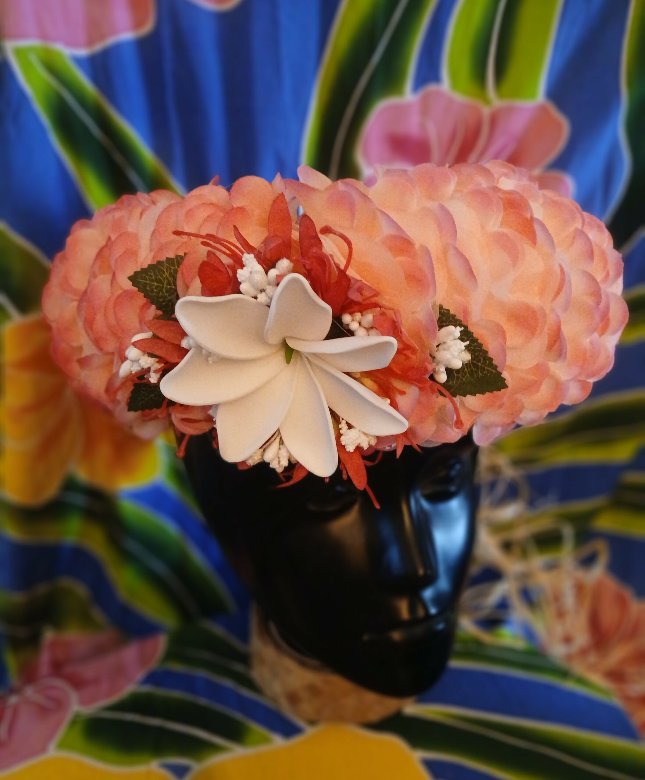 Couronne tiare Tahiti champagne rosé grande tiare corolle lys élancés fuchsias Vaite.e.Tiare créations