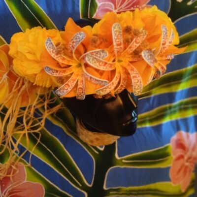 Couronne tiare Tahiti jaune 3 tiare tatouées bougainvilliers oranges