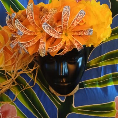 Couronne tiare Tahiti jaune 3 tiare tatouées bougainvilliers oranges