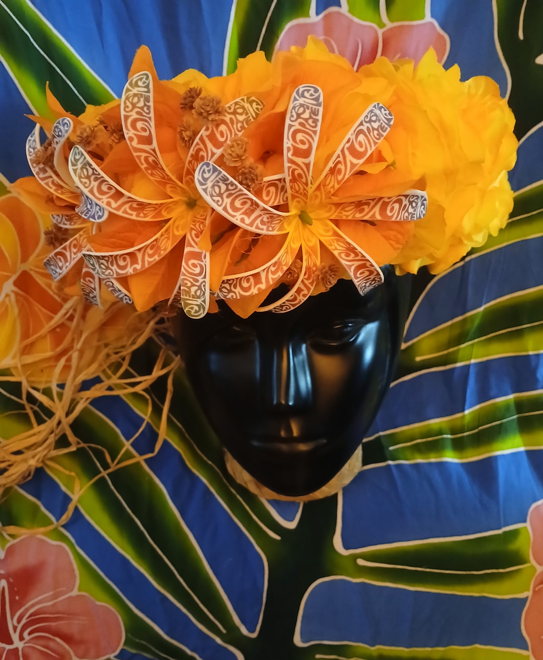Couronne tiare Tahiti jaune 3 tiare tatouée bougainvilliers oranges Vaite.e.Tiare créations