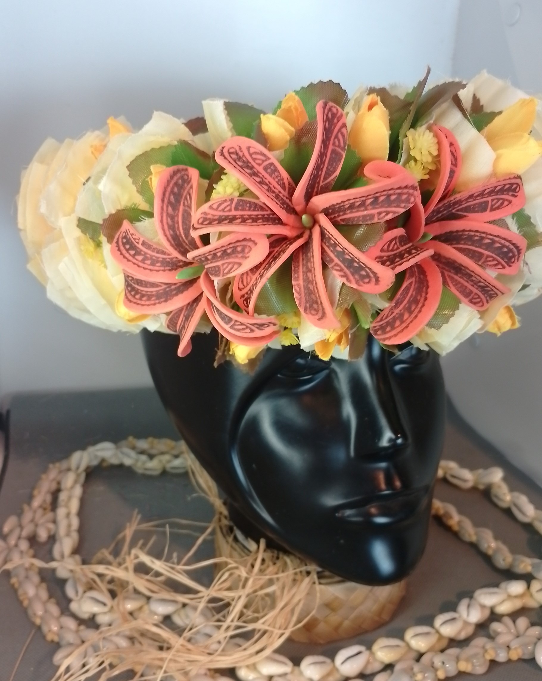 Couronne tiare Tahiti jaune ocre trois tiare tatouées boutons jaunes Vaite.e.Tiare créations