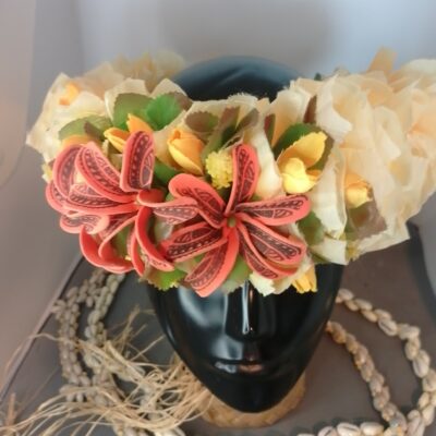 Couronne tiare Tahiti jaune ocre trois tiare tatouées boutons jaunes