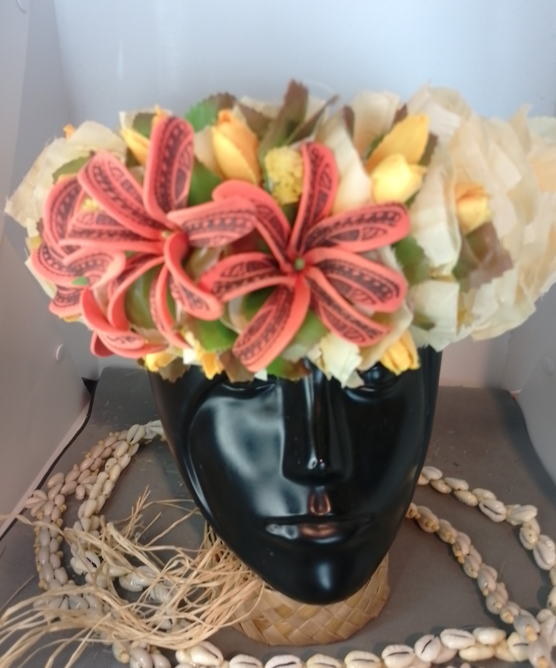 Couronne tiare Tahiti jaune ocre trois tiare tatouées boutons jaunes Vaite.e.Tiare créations