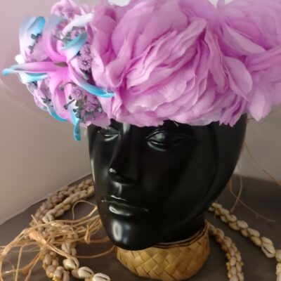 Couronne tiare Tahiti mauve trois maxi tiare bleu et mauve
