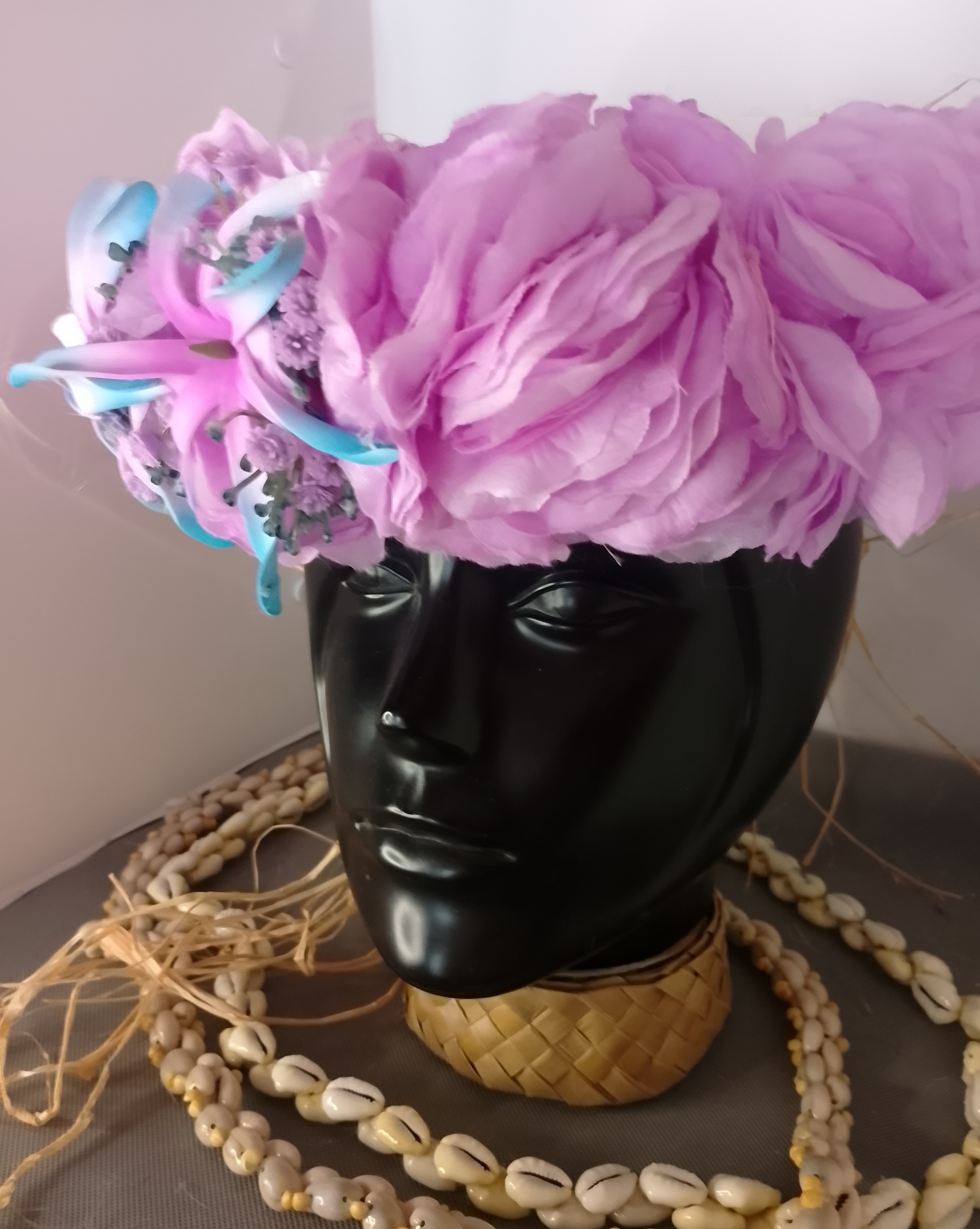 Couronne tiare Tahiti mauve trois maxi tiare bleu et mauve Vaite.e.Tiare créations