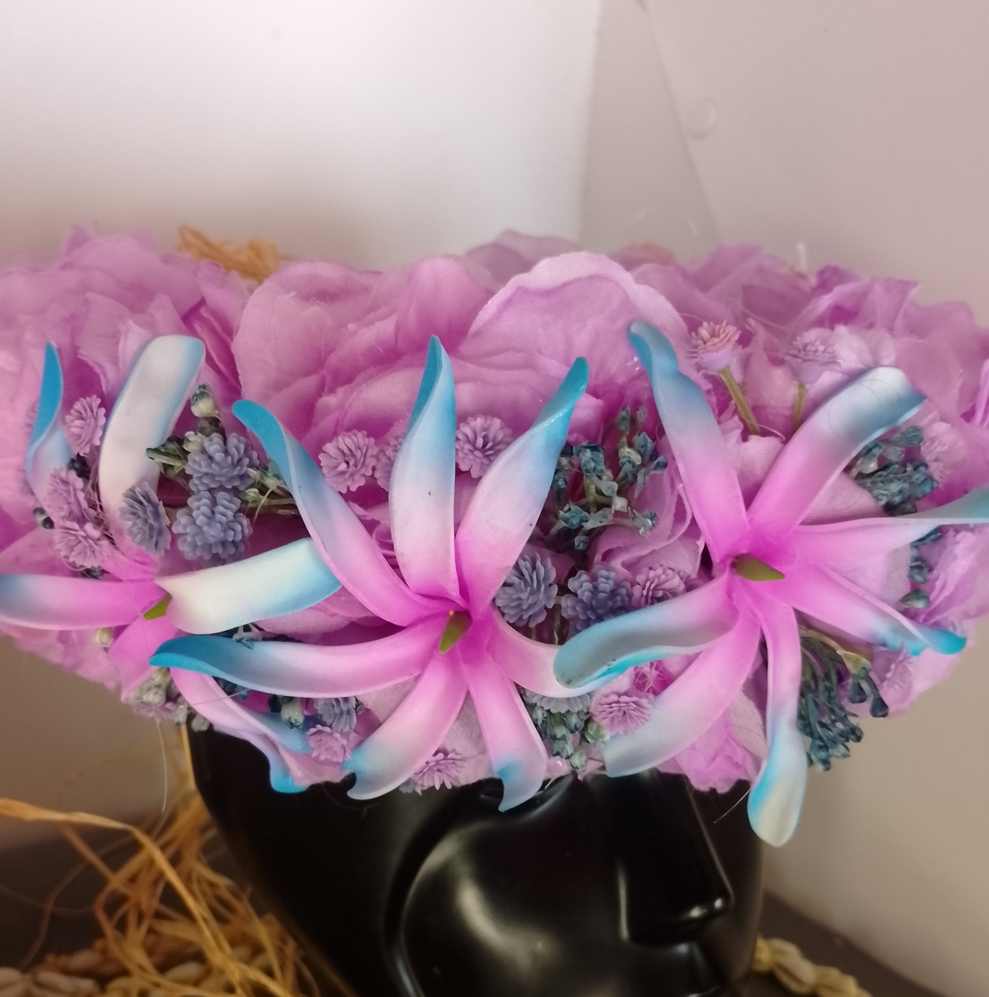 Couronne tiare Tahiti mauve trois maxi tiare bleu et mauve Vaite.e.Tiare créations