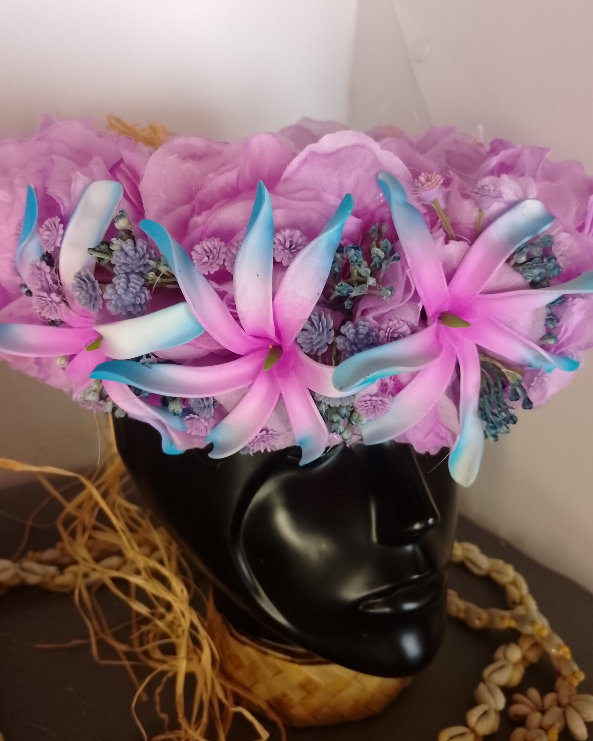 Couronne tiare Tahiti mauve trois maxi tiare bleu et mauve Vaite.e.Tiare créations