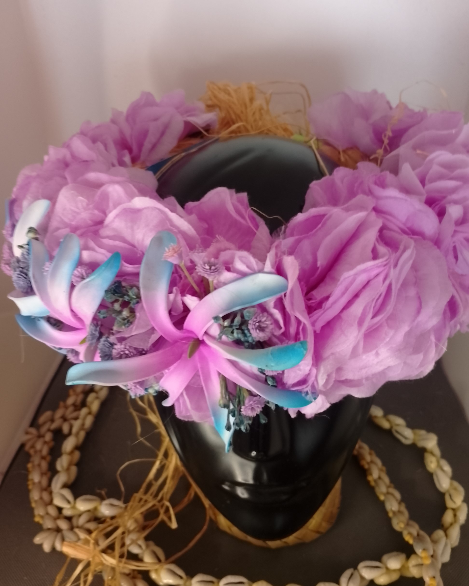 Couronne tiare Tahiti mauve trois maxi tiare bleu et mauve Vaite.e.Tiare créations