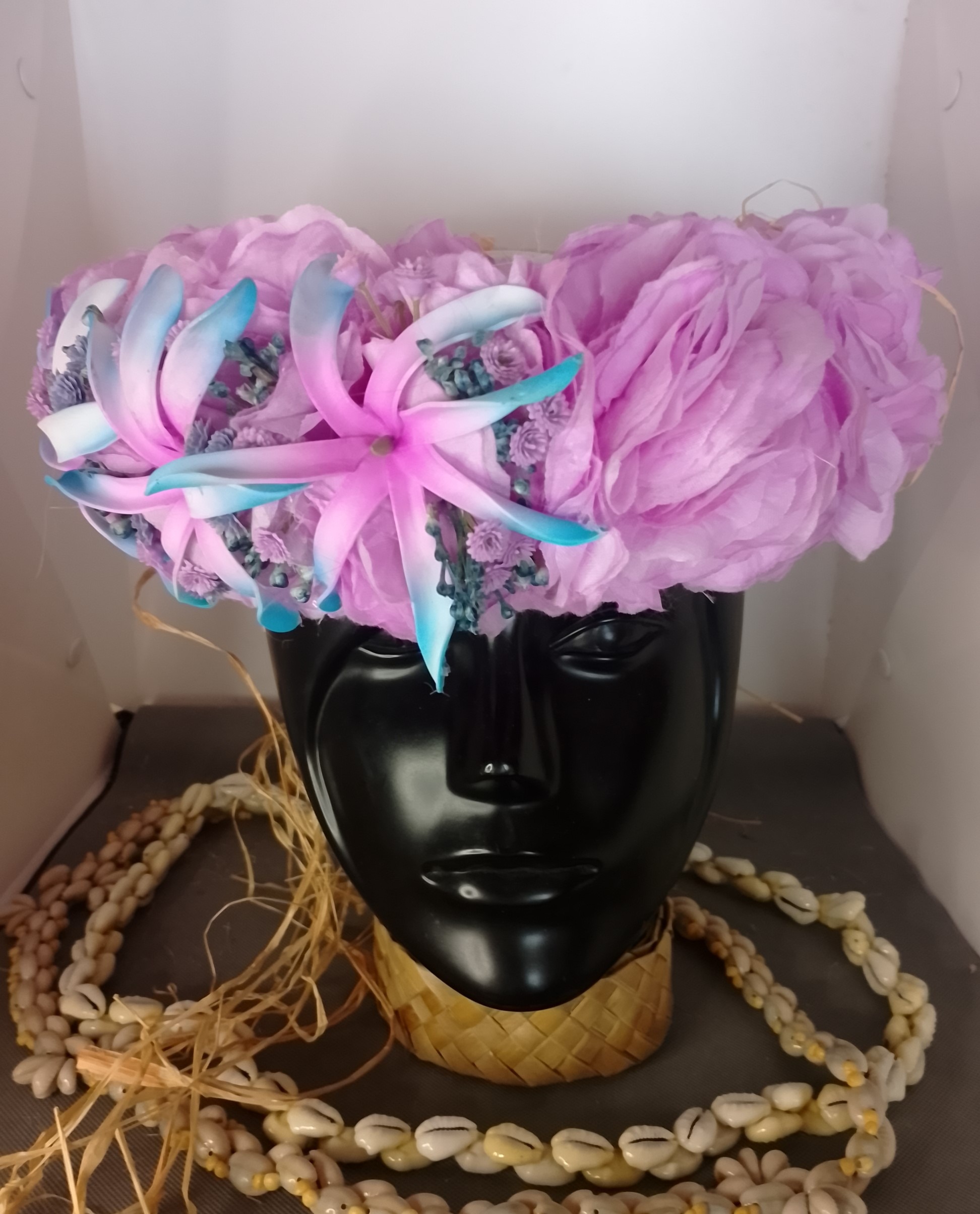 Couronne tiare Tahiti mauve trois maxi tiare bleu et mauve Vaite.e.Tiare créations