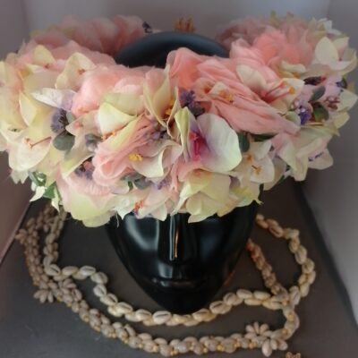 Couronne toutes fleurs Tahiti pêche corolle de bougainvillier vanille vert et mauve 