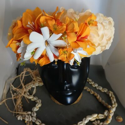 Couronne fleurs Tahiti champagne tiare entre ouverte et tiare lys oranges