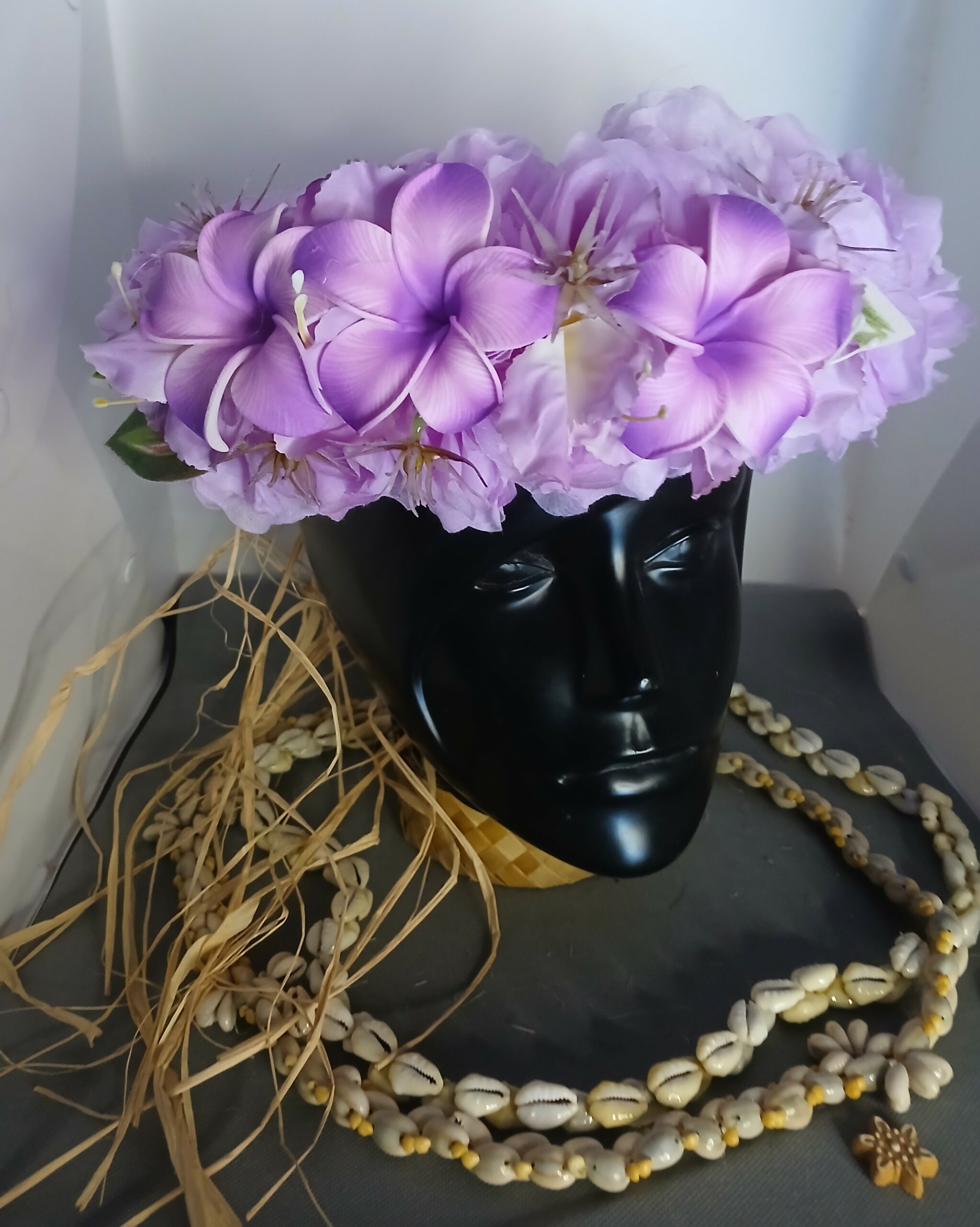 couronne fleurs Tahiti mauve trois tipanie rainurés Vaite.e.Tiare créations