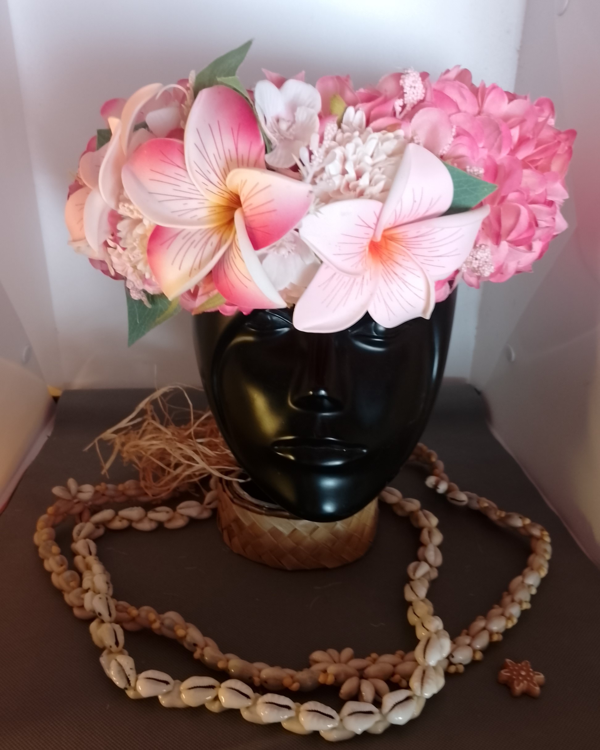 Couronne fleurs Tahiti champagne rosé trois maxi tipanie rainurés Vaite.e.Tiare créations