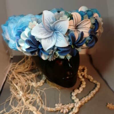 Couronne fleurs Tahiti bleu ciel maxi tipanie trois tiare tatouée tipanie rainuré