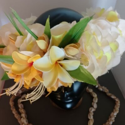 Couronne fleurs Tahiti champagne et jaune trois tipanie jaunes