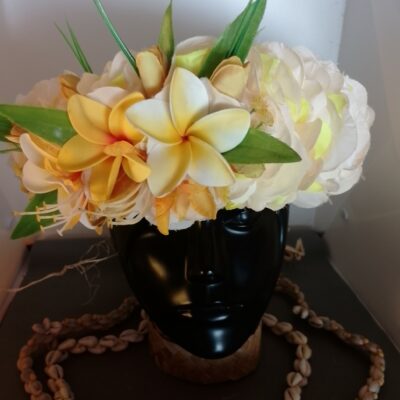 Couronne fleurs Tahiti champagne et jaune trois tipanie jaunes