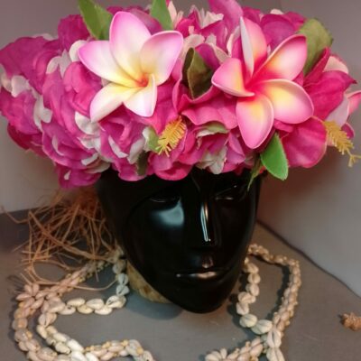 Couronne fleurs Tahiti fuchsia et champagne hibiscus trois tipanie