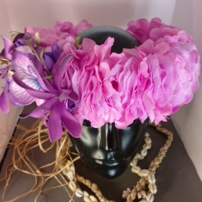 Couronne fleurs Tahiti mauve deux maxi tiare tipanie décor aile de papillon